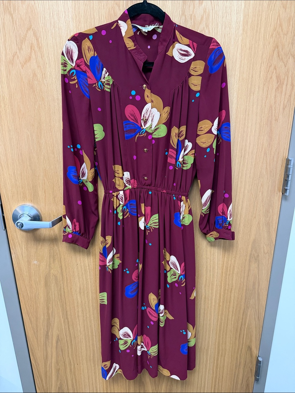 Vintage Women's Burgundy Floral Button-Front Long Sleeve Midi Dress Semi Sheer
